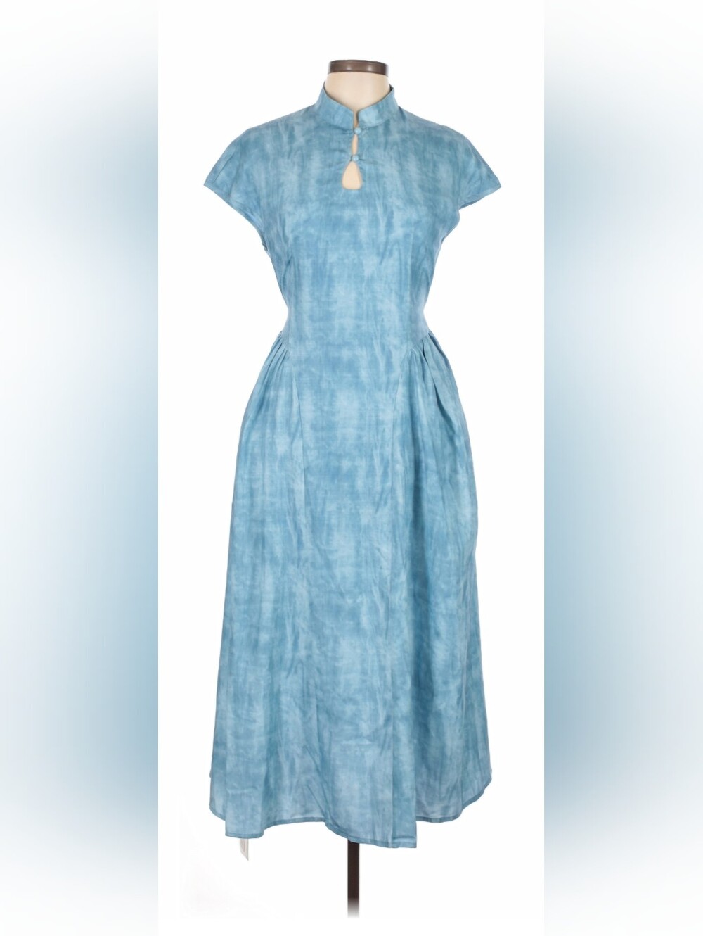 Light Blue Mandarin Collar Midi Dress Retro Large